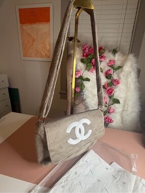 CHANEL Precision Beauty Tan Fluffy Terry Clotg Shoulder Bag with White CC Logo